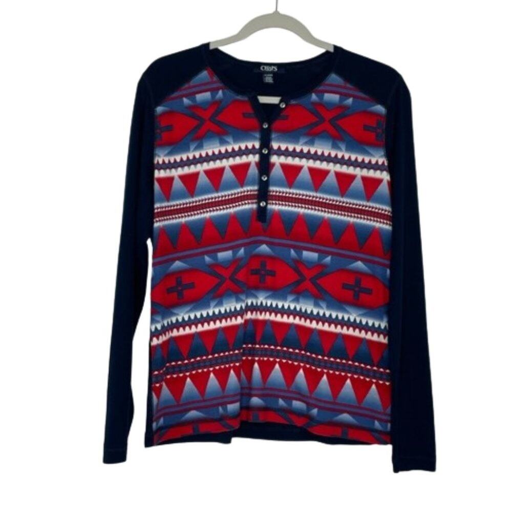 CHAPS denim blue western southwestern aztec blue red long sleeve blouse size XL